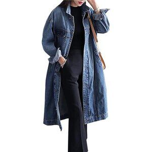 Women's Classic Long Jean Jacket Plus Size Loose Long Sleeve Button Down Denim